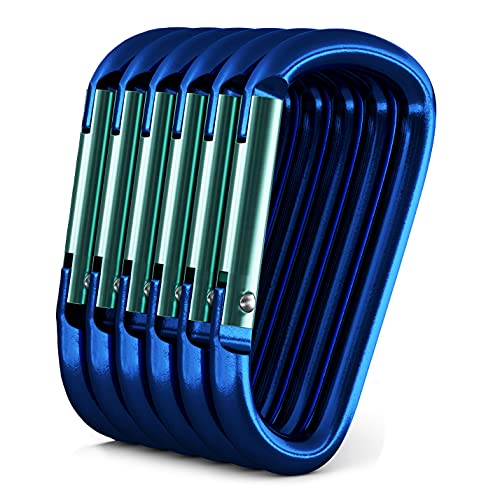 6Pack Aluminum Carabiner 3 Inch, Blue D Shape Heavy Duty Buckle