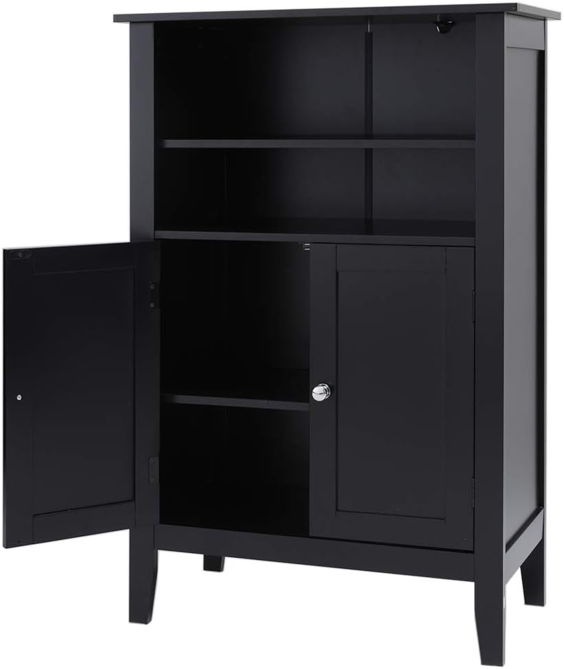 IWELL Black Bathroom Floor Cabinet with 2 Adjustable Shelf & 6 Heights Available, Storage Cabinet with 2 Doors, Modern Bookcase for Decorations, in Living Room Office, YSG004H