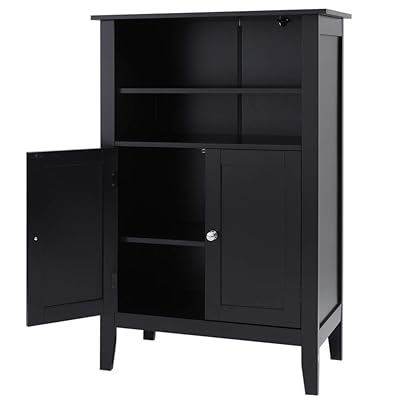 IWELL Black Bathroom Floor Cabinet with 2 Adjustable Shelves