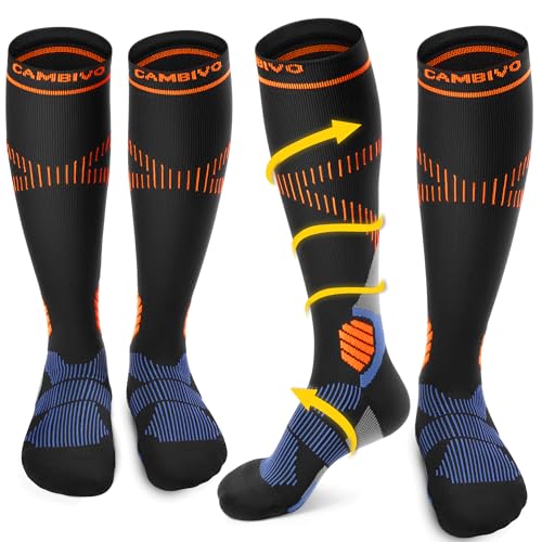 CAMBIVO Compression Socks Women Men 2 Pairs, Compression Socks 15-20 mmHg, Varicose Veins Compression Stockings, High Socks, for Sport, Running, Airplane, Cycling, Hiking, Nurse