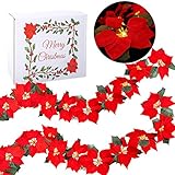 Funarty Christmas Red Poinsettia 2pcs LED Lighted Garland with Holly Leaves and Red Berries