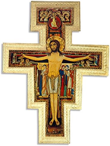 Large Catholic Wall Cross with Gold Trim and Wall Hook - Made in Italy (San Damiano)