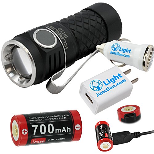Klarus Mi1C 600 Lumen Side Switch EDC Black Flashlight 16340 Mini Bright w/ 16340 Battery + LightJunction USB Wall and Car Adaptors