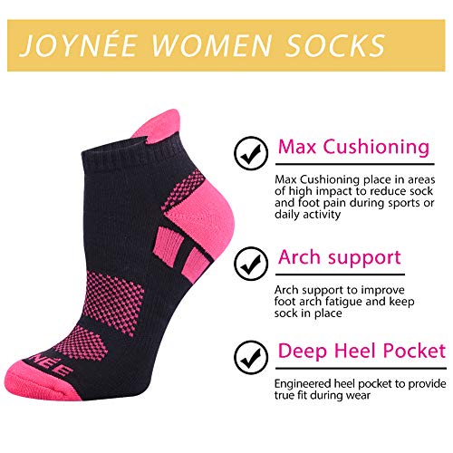 JOYNÉE Women's Ankle Athletic Running Socks Performance Cushioned Low Cut Sports Socks with Heel Tab 6 Pairs,Sock Size 9-11,Black