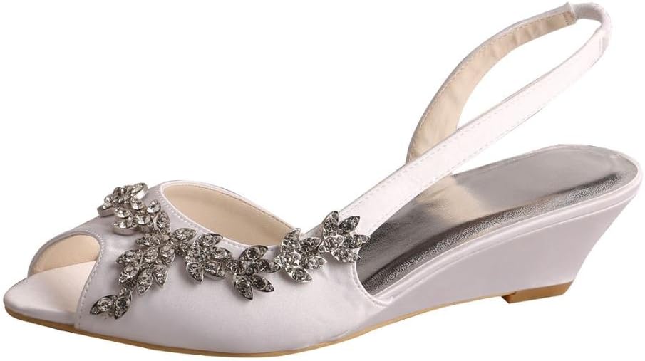 MW368 Women's Peep Toe Rhinestones Appliques Small Wedge Heels Slingback Sandals Satin Wedding Shoes for Bride