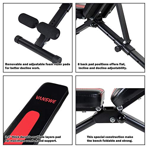 Vanswe Adjustable Weight Bench Foldable Flat/Incline/Decline Utility Exercise Workout Bench Sit Up Home Gym Equipment for Full Body Workout - Thumbnail 3