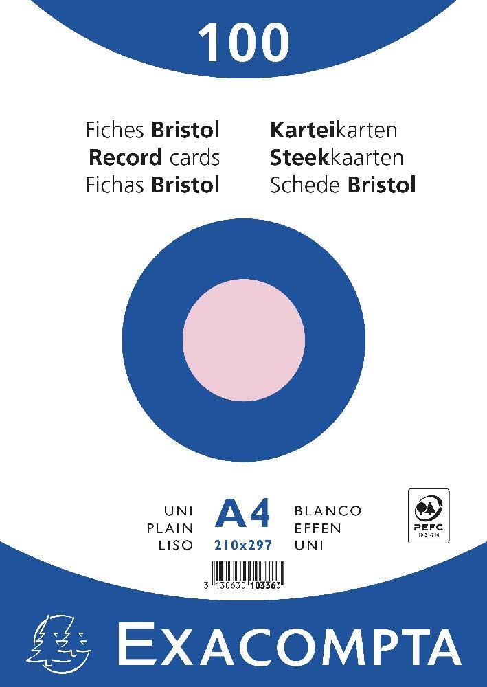 Exacompta - Ref 10336E - Bristol Plain Record Cards (Pack of 100) - A4 in Size, 205gsm Card, Compatible with Printers - Suitable for Exam Revision & Notes - Pink