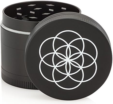 Ultra Portable Seed Of Life 1.6inch 4 Piece Tobacco Spice Herb Weed Grinder with Pollen Scraper, Zinc Alloy, Razor-sharp Teeth (Black)
