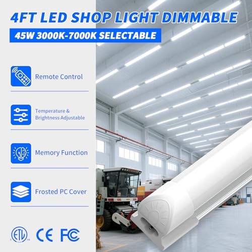 JESLED LED Shop Lights 4FT with Remote, 45W 5400LM, Dimmable 4 Foot Linkable Garage Light, 3000K-7000K Adjustable Color Temperature, for Workshop, Basement, Workbench, ETL Listed, 4 Pack