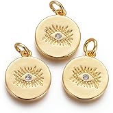 KitBeads 10pc Cubic Zirconia Evil Eye Charms - 18K Gold Plated Flat Round Lucky Evil Eye Charms for Jewelry Making Bulk