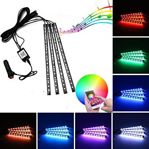 Car LED Strip Lights, Uniwit 4pcs 48 LED Bluetooth App Controller Strip Lights For Car Multicolor Music Interior Light Under Dash Lighting Kit with Sound Active Function for iPhone Android Smart Phone