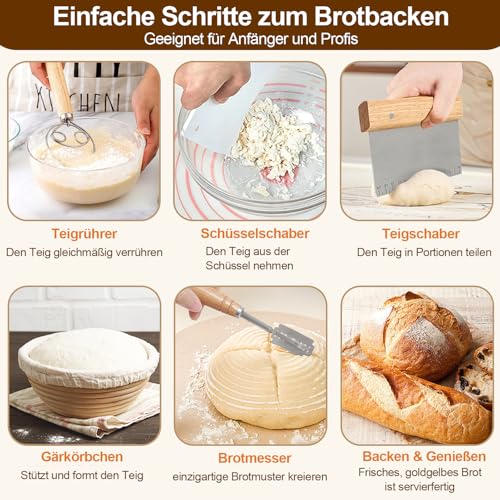 RIZENCE Complete Proofing Basket Sourdough Starter Set, 2 Proofing Baskets (25 cm Ovals & 23 cm Round), 900 ml Sourdough Glass Set, Bread Baking Accessories Kit, Bread Baking Accessories for Beginners, Experienced Bakers