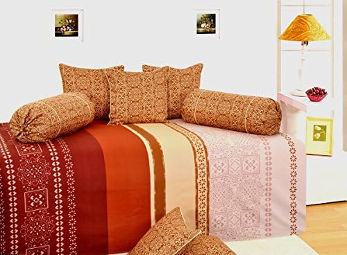 New Red Printed Cotton Satin Diwan Bedding Set Of 6 Pcs Bedspread 210 TC