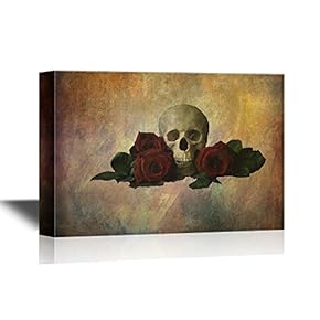 Canvas Wall Art - Skull with Roses on Abstract Background - Gallery Wrap Modern Home Art | Ready to Hang - 12x18 inches