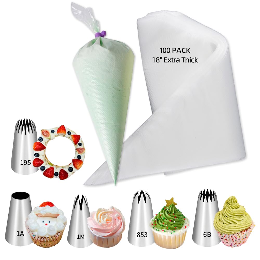 Photo 1 of 18 Inch Large Piping Bags and Tips Set,100PCS Extra large piping bags Disposable with 5 Piping Tips(Round Tip/Open Tip/Closed Star Tip/Drop Flower Tip/French Star Tip for Cupcakes,Cookie,Cake decor