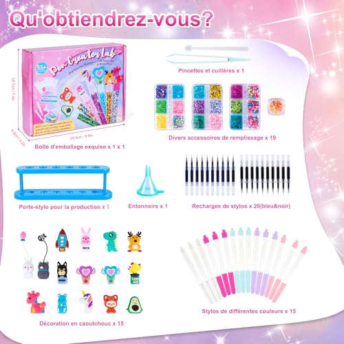 Kazzley Make a pen, pen creation kit with 55+ accessories, children's craft kit, gift idea for girls 4 6 8 years, manual activity for children 5 7 9 10 years, birthday gift for girls and boys
