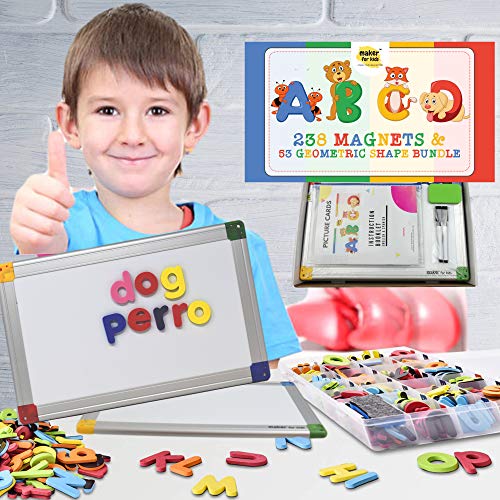 KOKO AROMA 291Pcs ABC Magnets Board Magnetic Letters Numbers and Shapes for Kids Toddlers with Storage Double-Side Drawing Whiteboard Uppercase Lowercase Foam Alphabet - Spelling Learning Games Set