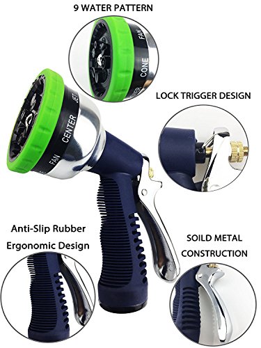 Garden Hose Nozzle, 9-Way Heavy Duty Spray Gun, Rear Trigger Design Hose Spray Nozzle, Anti-Slip Design, Bigger Nozzle Area Upgraded, Perfect for Watering Plants, Cleaning, Car Wash and Showing Pets