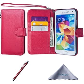 Wisdompro Galaxy S5 Case, Premium PU Leather 2-in-1 Protective Flip/Folio Wallet Case with Multiple Credit Card/ID Card Holder/Slots and Wrist Lanyard for Samsung Galaxy S5 - Red