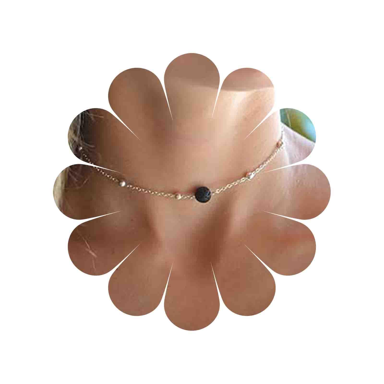 Yienate Dainty Lava Stone Necklace Silver Chain Retro Volcanic Stone Ball Pendant Bead Clavicle Chain Necklace Jewelry for Women and Girls