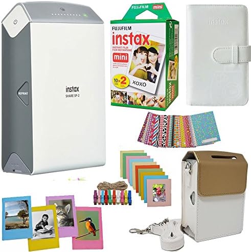 Fujifilm INSTAX Share SP-2 Smart Phone Printer (Silver) + Fuji Instax Film Mini Twin Pack (20PK) Fuji Photo Album + Accessories Kit/Bundle + Fitted Case + Frames and More