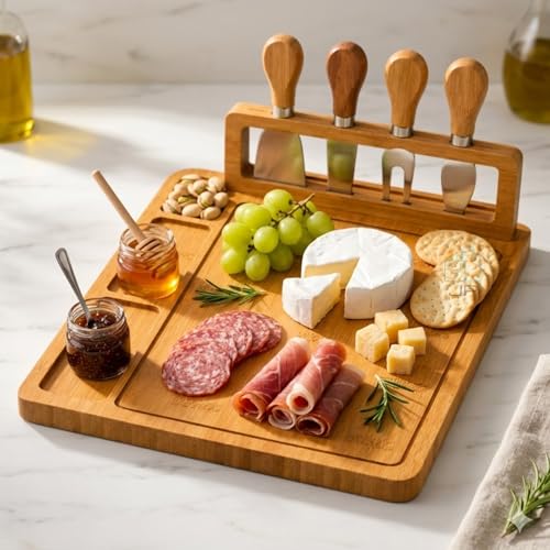 Tábua de Frios Petisqueira Bambu com Kit 4 Facas e Suporte | Tábua para Queijos Aperitivos e Servir | Bandeja Gourmet Premium 39x29cm