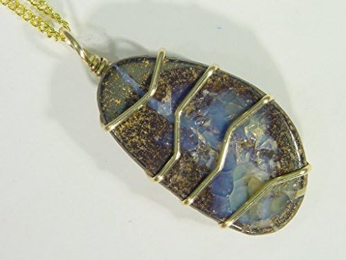 14k Gold Fill Wire Wrapped Natural Australian Boulder Opal Free Form Polished Pendant with GP Chain Necklace 2626D h