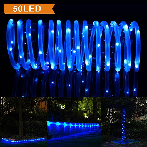 LTE 50 LED Solar Rope Lights, 23ft, 16.5ft rope lights and 6.5ft lead cable included, Outdoor Waterproof LED Solar Rope Lights, Ideal for Decorations, Gardens, Lawn, Patio, Weddings, Parties.(Blue)