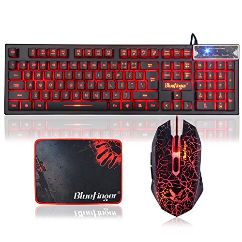 Bluefinger gaming keyboard and mouse combo, usb wired 3 color adj…