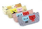 Zicome 4 Pack Canvas Cat Pen Pencil Case Coin Purse Pouch Cosmetic Makeup Bag