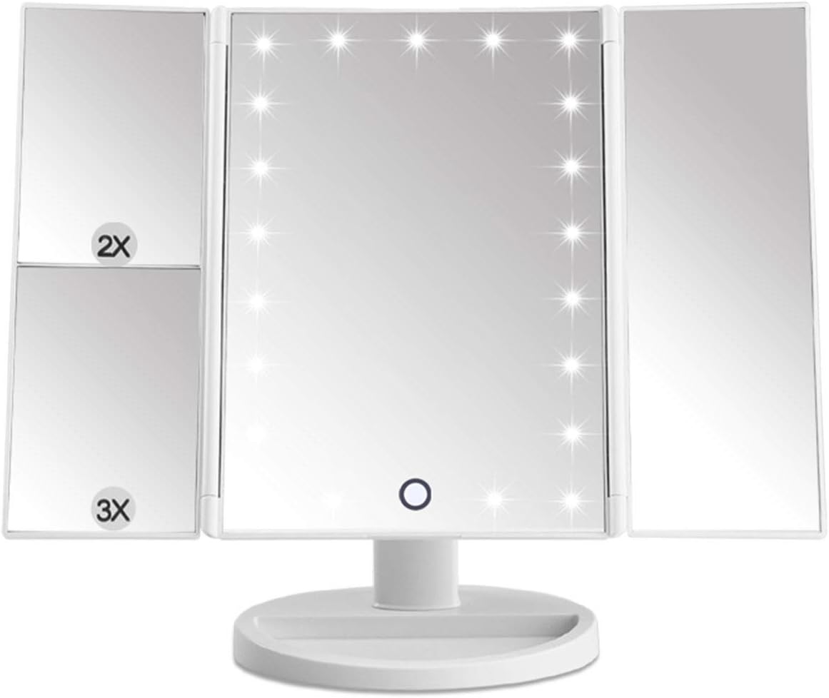 EMOCCI LED Makeup Mirror 21 Led Lighted Vanity Mirrors Tri Fold Adjustable with 3X 2X Magnification 180 Degree Rotation USB Charging for Travel Table Countertop Bathroom with Gift Box(White)