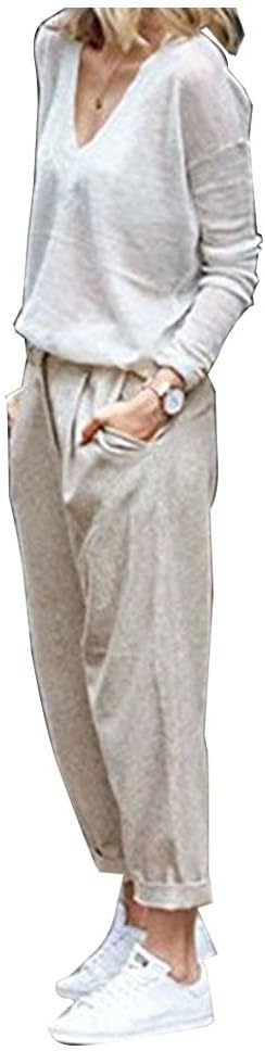 Durcoo Women's Linen Ankle Length Pants Drawstring Elastic Waist Pants Khaki M US 2