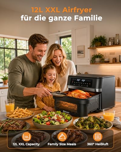 WELLENT Dual Zone Hot Air Fryer 12L 2950W with Removable Divider, 8-in-1 Air Fryer with Sync & Shake Reminder Function & Viewing Window Design