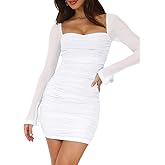 Oumrdeo Women’s Mesh Long Sleeve Dress Square Neck Ruched Bodycon Party Cocktail Mini Dress