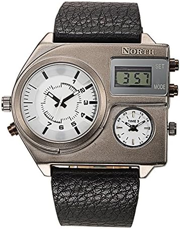 Mens Large Face Three Time Unique Quartz Analog Wrist Casual Watch Sports Dual Display Waterproof LED Watch, Three Time Zone Supported (White)