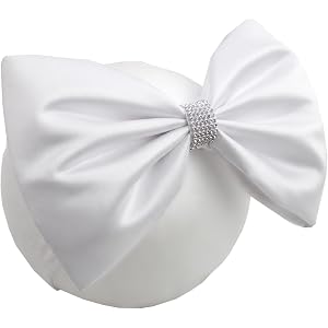 JOYFUNFABU 8'' Oversized Baby Girls Bow Headbands, Satin Nylon Headwraps | Boutique Handmade White Nylon Hairbands with Rhine
