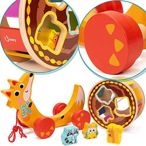 cossy Wooden Shape Sorter Pull Toy - Wooden Fox Puzzle for Toddler Learning Walk-A-Long Push & Educational Toy for 1 Year Old - Thumbnail 2