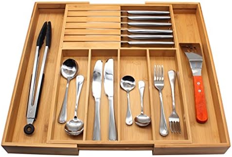 Flatware Organizer, MH ZONE Bamboo Expandable Drawer Organizer with Knife Block