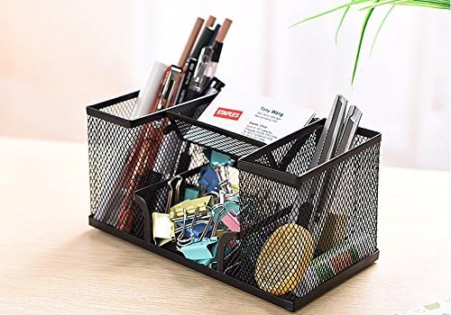 JCare Square Net Penholder Multipurpose Black Metal Mesh 3 Compartment Desk Storage Box Case Pen Pencil Holder Cosmetics Make Up Organizer Container Office Supply Caddy