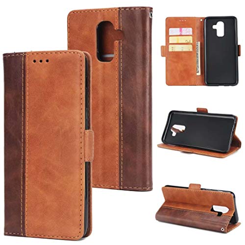 Samsung Galaxy J8 / A7 2018 Case, TPU Leather Folio Flip Wallet Case Cover Book Design Kickstand Feature & Magnetic Closure & Card Slots/Cash Compartment (Brown, Galaxy J8)