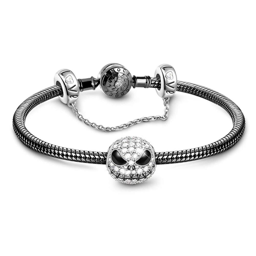 GNOCE Black Charm Bracelet 925 Sterling Silver Snake Chain Bracelet with Skull Charm Bead Safety Chain Basic Charm Bangle with Clasp (21)