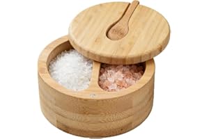 Nivofu Salt and Pepper Bowl, Bamboo Salt Cellar with Magnetic Swivel Lid and Spoon, Salt and Pepper Box with 2 Compartments f