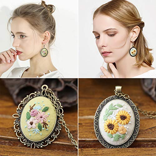 Beginner Embroidery Kit, Outgeek 3PCS Embroidery Starter Kit Set Embroidered Stitching Pendants Hand Sewing Necklace Earrings Pendants Floral Plate Jewelry Necklace for Art Crafts Sewing and Hanging