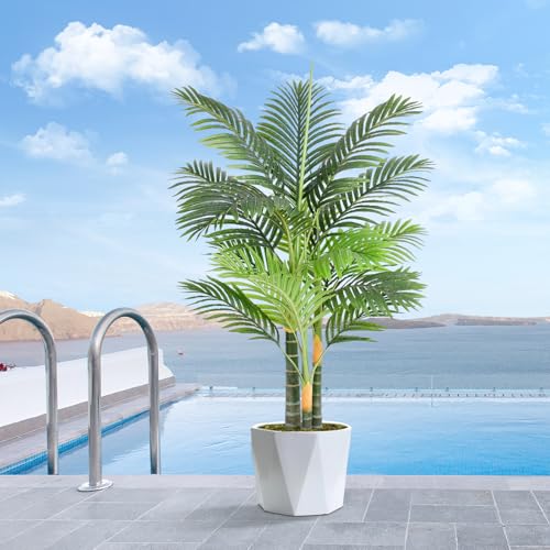 Keeplush Artificial Palm Tree Triple Golden 120cm Large Artificial Plant Outdoor Indoor or Outdoor Tall for Patio Poolside Lawn Office Living Room Balcony Garden (1Pack)