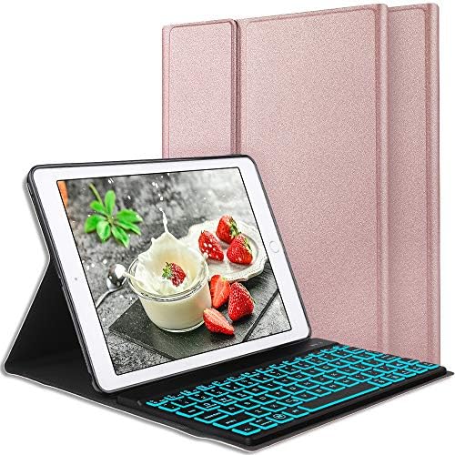 iPad Keyboard Case for iPad 6th gen 2018, iPad 5th gen 2017, iPad Pro 9.7, Air 2, Air, Protective Smart Case with Detachable 7 Colors Backlit Wireless Bluetooth Keyboard -Rose Gold