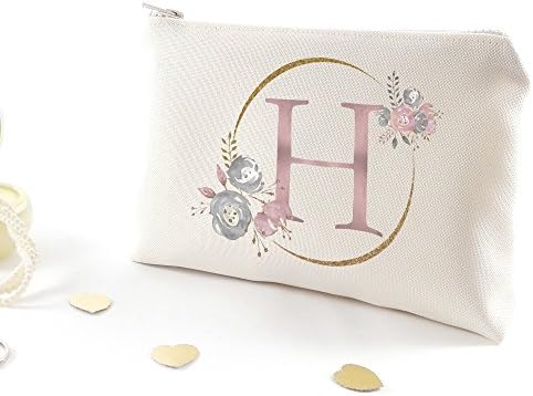 Personalized Bridesmaid Gift - Monogram Makeup Bag - Asking Will You Be My Bridesmaid? - Beige With Pink And Grey Flowers - 9 x 7 inches