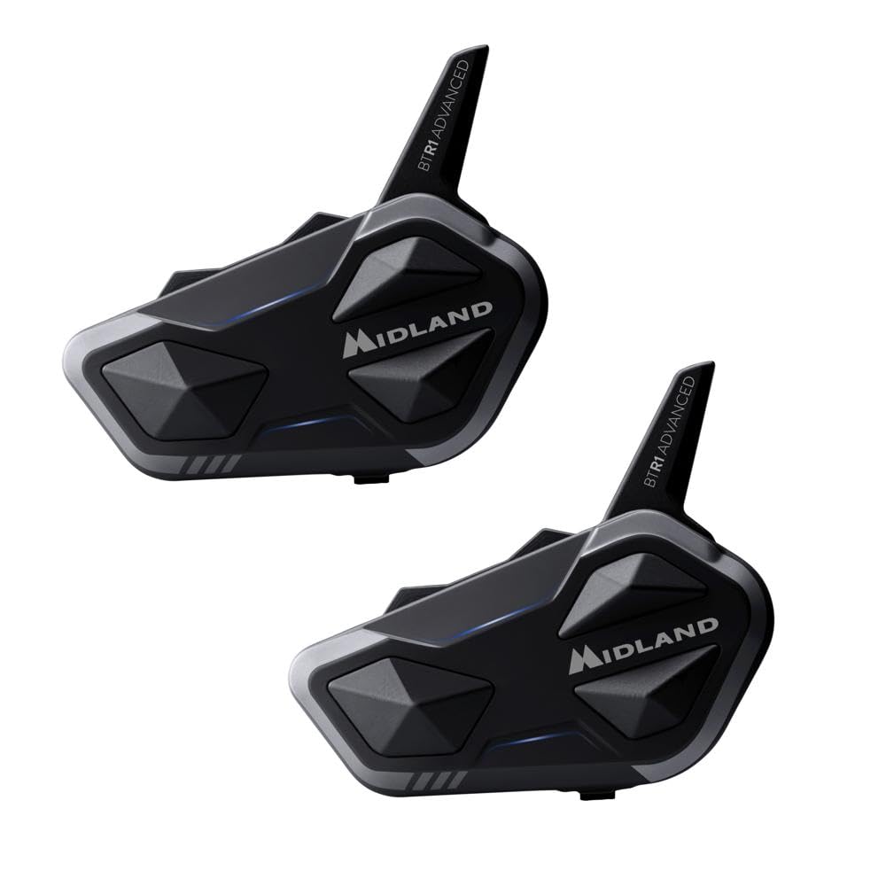 Midland - Motorcycle Intercom BTR1 Advanced Twin, Waterproof IPX6 Helmet Bluetooth Headset, 1.2Km Range, Conference for Up to 4 People, 23H Battery, Noise Cancellation, HD Audio, ECE2206 Compliant