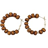 Vintage Woody Beaded Hoop Earrings Handmade Wooden Drop Dangle Earrings Retro Wood Rice Circle Earrings for Women Girl Jewelry