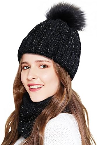 Beanies Women Winter Warm Knit Hats Ski Cap Infinity Scarf Set (Black)