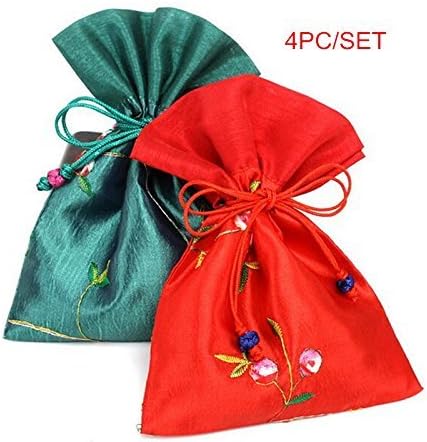 Corcio CX-01 Chinese Silk Brocade Embroidered Jewelry Pouch Coin Purses Wedding Favor Bags Gift Bags Splicing Drawstring Pocket Party Candy Sachet (5PCS,4.76.6Inches)